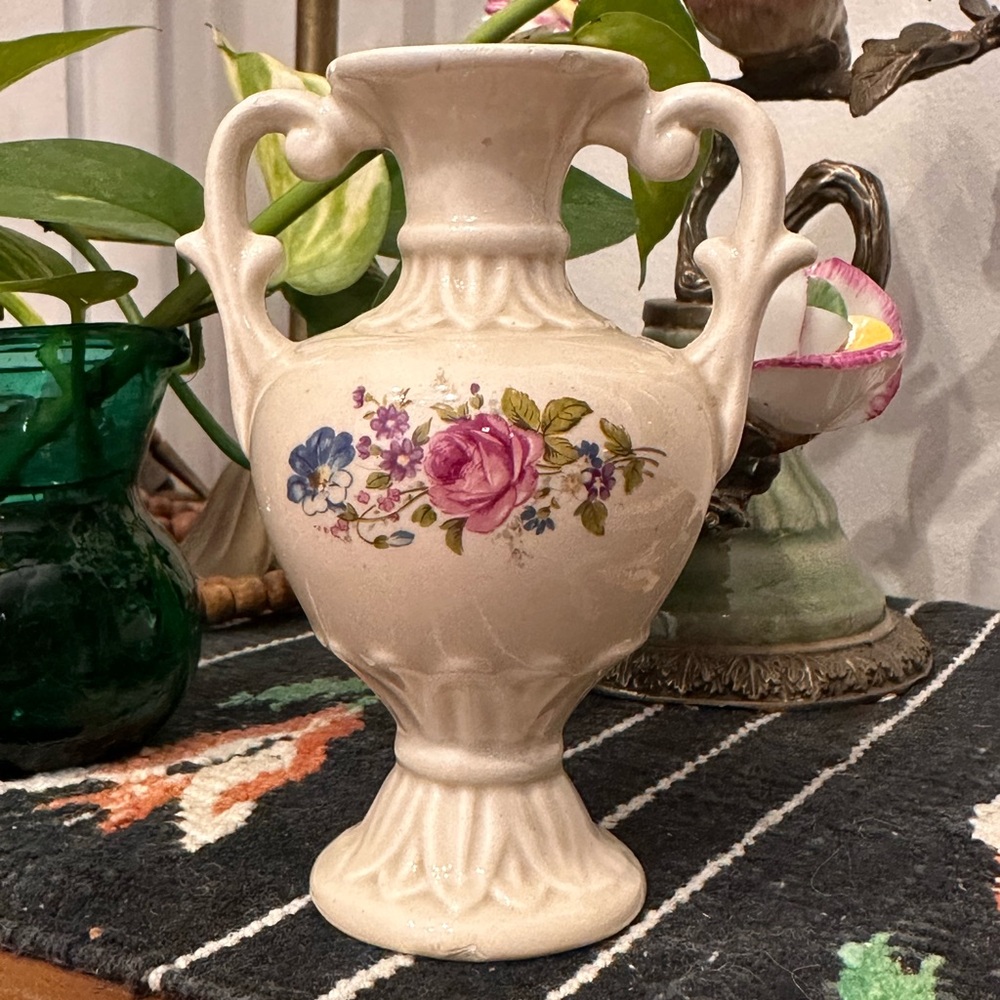 Vintage Mini Trophy Urn Vase with Floral Rose Design made in Italy